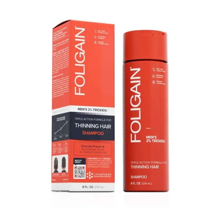 foligain shampoing triple action pour cheveux clairsemes pour homme avec 2 de trioxidil 236ml