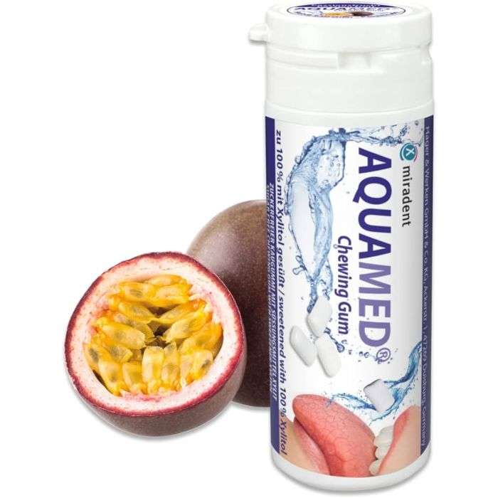 miradent miradent aquamed chewing gum fruit de passion haleine fraiche