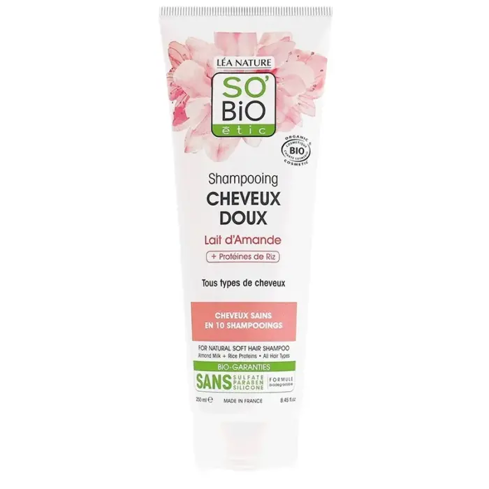 sobio shampooing doux lait d amande et proteines de riz cheveux doux 250 ml
